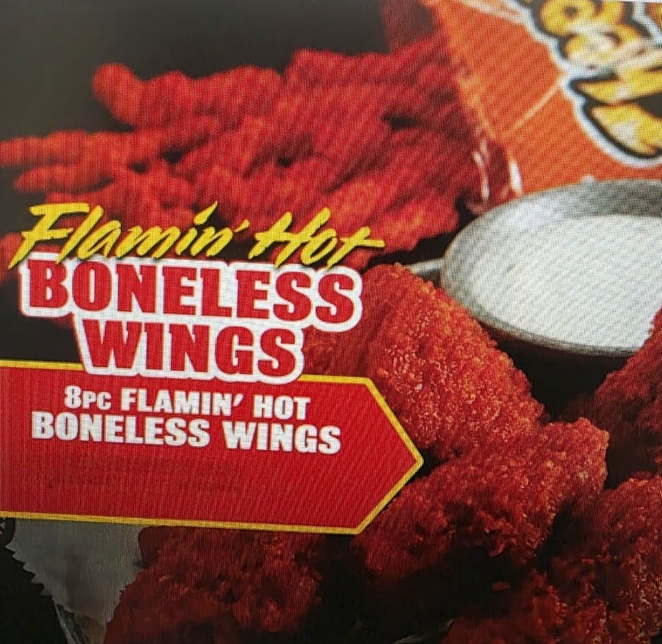 8 Piece Flamin Hot  Boneless Chicken Wings + Fries PROMO from Happy's Pizza in Whitehall, OH