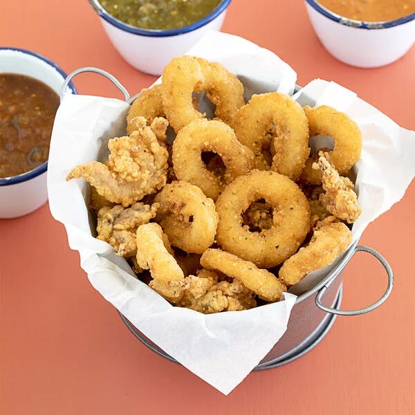 Lightly Breaded Calamari RIngs & Tentacles + Fries from Happy's Pizza in Whitehall, OH