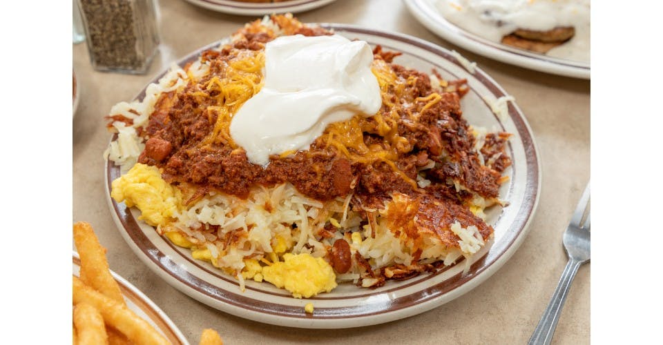 Chili Cheese Stuffed Hash Browns Breakfast from The Pancake Place in Green Bay, WI