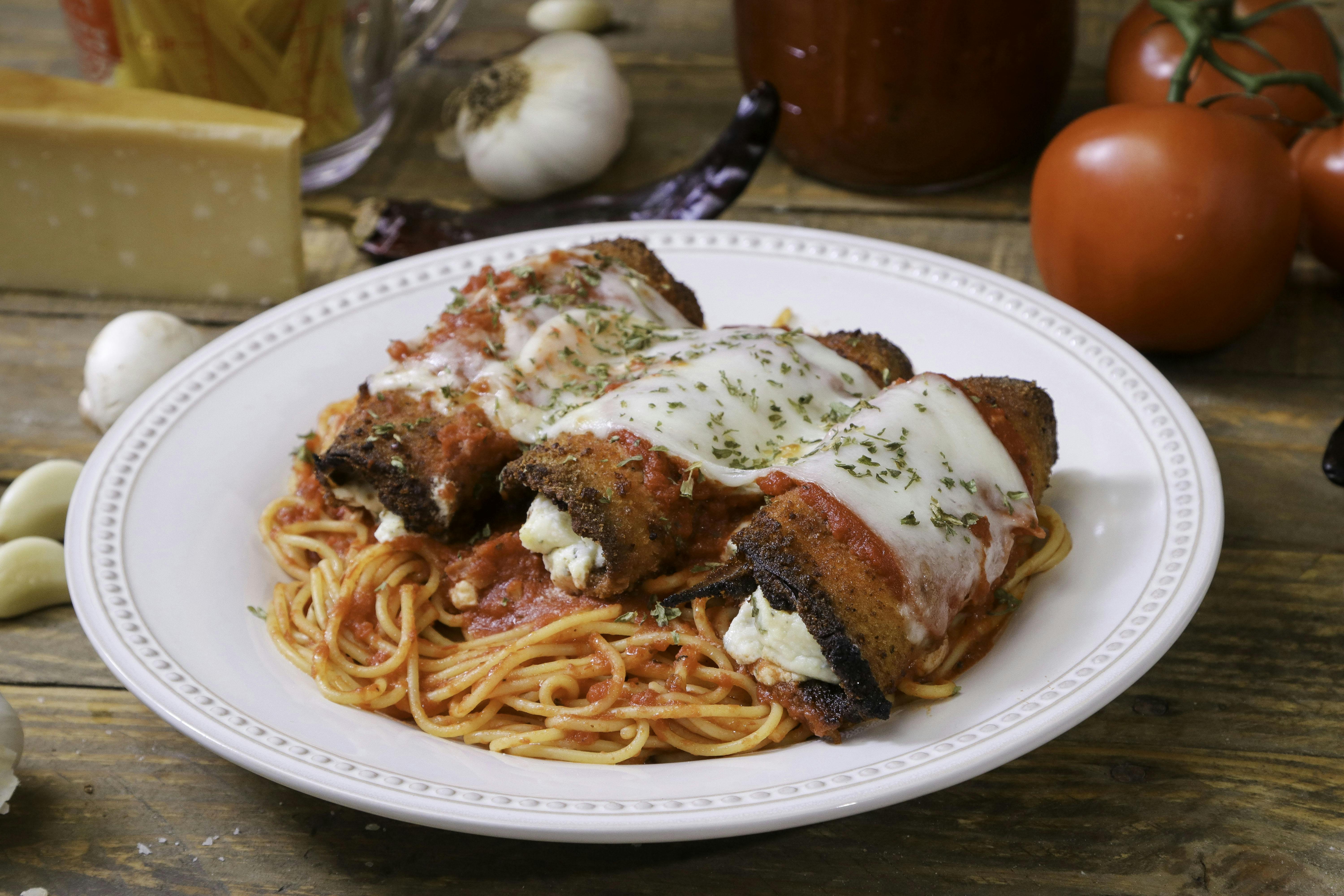 Eggplant Parmigiana with Spaghetti from Ameci Pizza & Pasta - Irvine in Irvine, CA