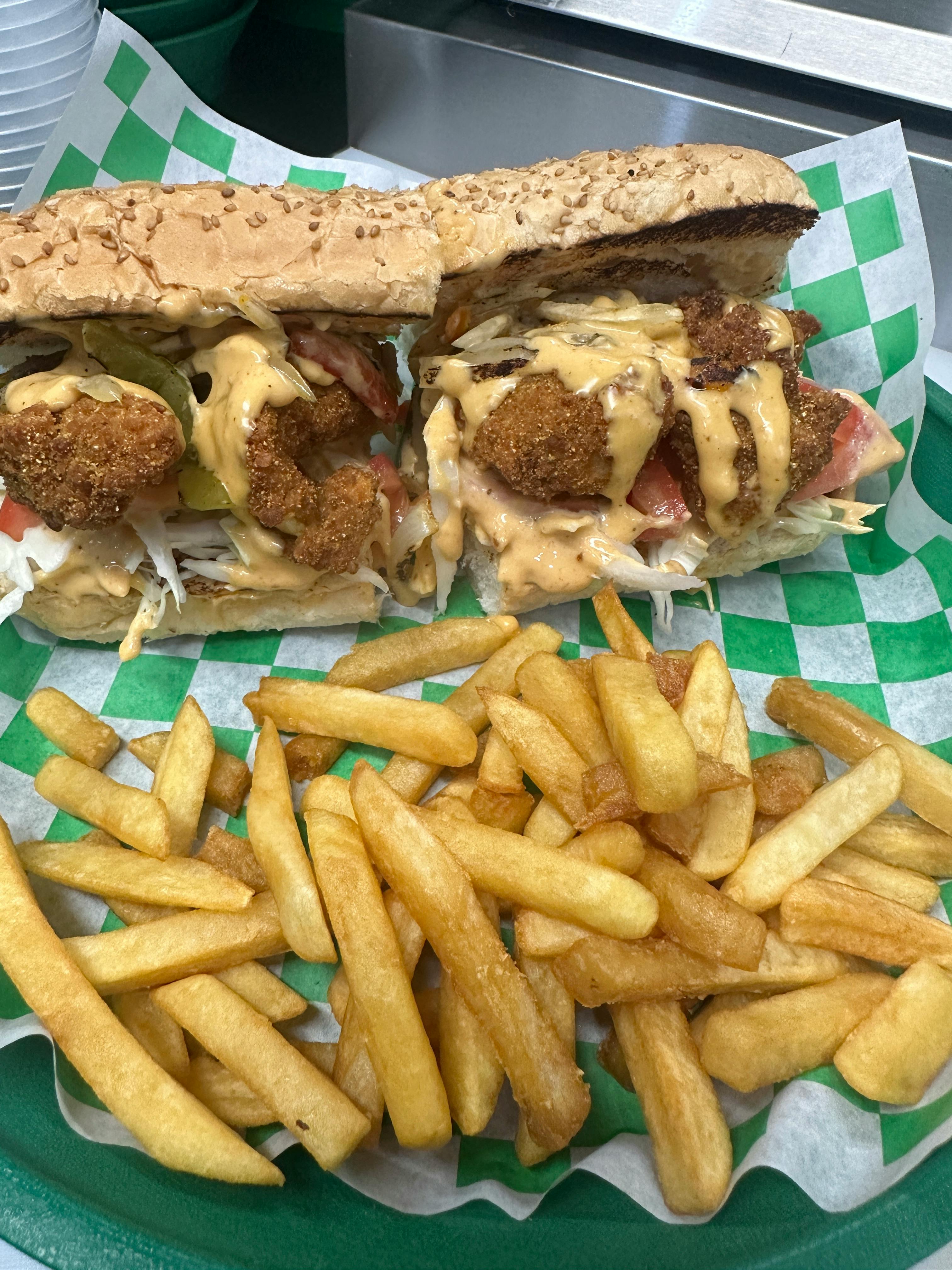 Plant-Based Shrimp Po Boy Sandwich from Justveggiez in Madison, WI