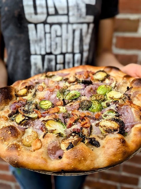 Charred Brussels and Bacon Pizza from One Mighty Mill Cafe - Exchange St in Lynn, MA