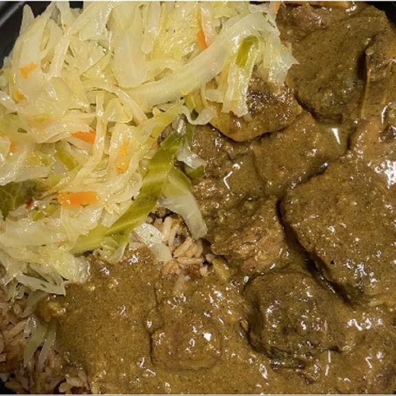 Curry Goat Dinner rice & beans, cabbage from Taste of the Caribbean 1 - Capitol Heights in Capitol Heights, MD