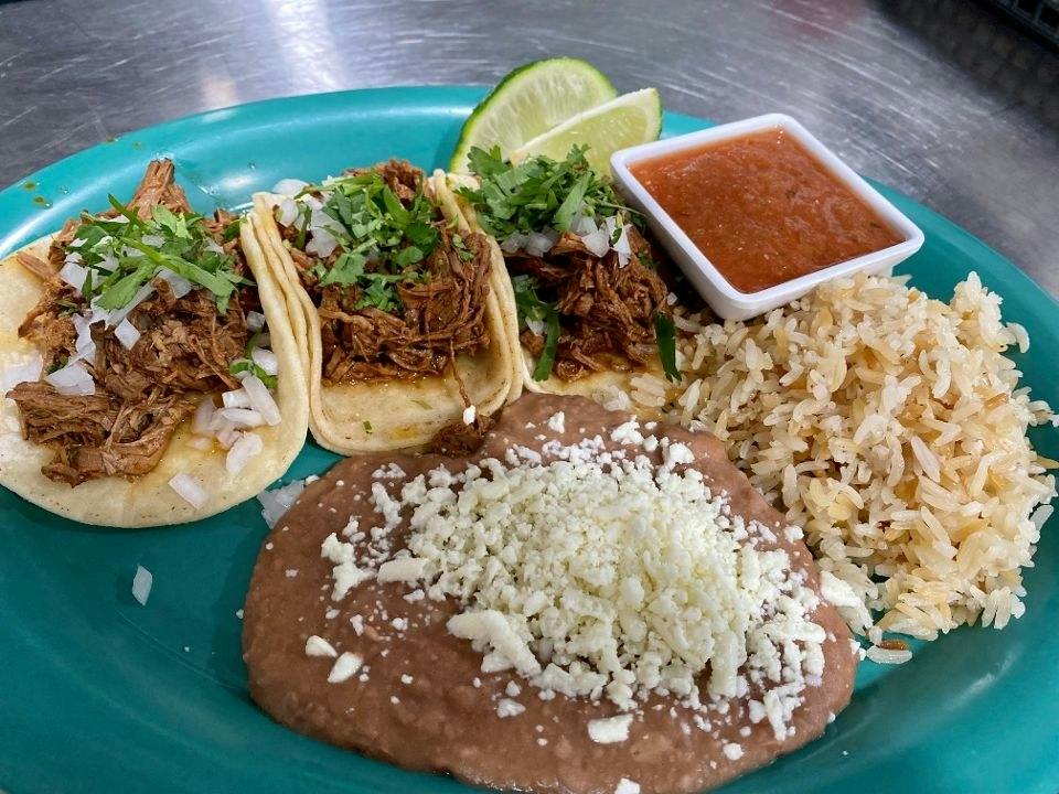 3 Street Tacos, Rice, Beans from Silly Serrano Mexican Restaurant in Eau Claire, WI