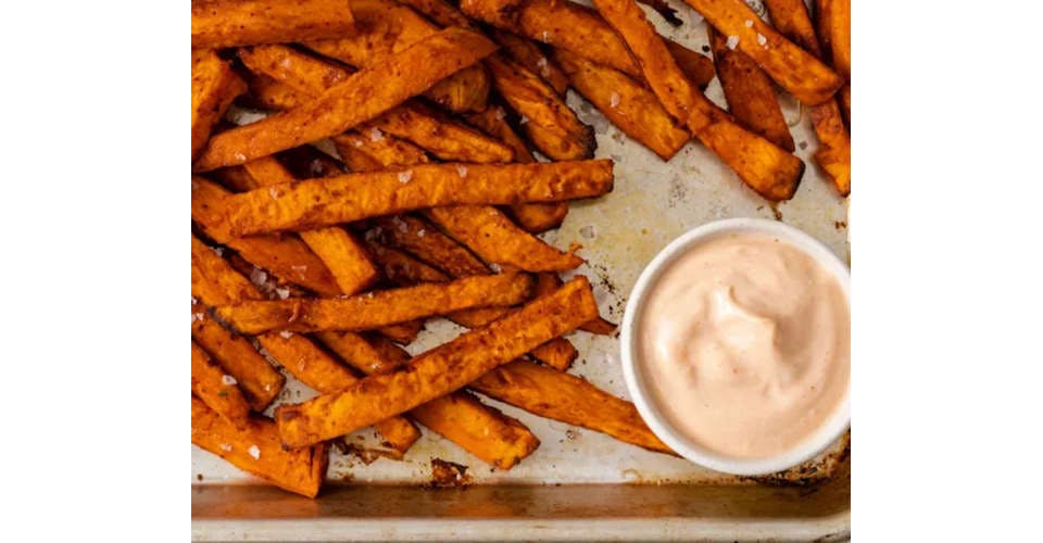 Sweet Potato Fries with Roasted Red Pepper Sauce from JustVeggiez in Madison, WI