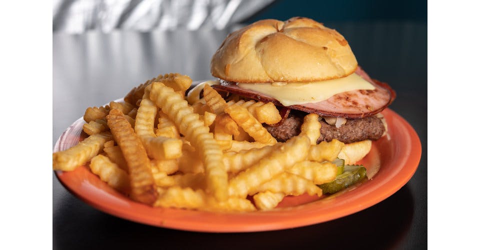 Canadian Bacon & Swiss Cheese Hickory Burger from Hickory Park Restaurant Co. in Ames, IA