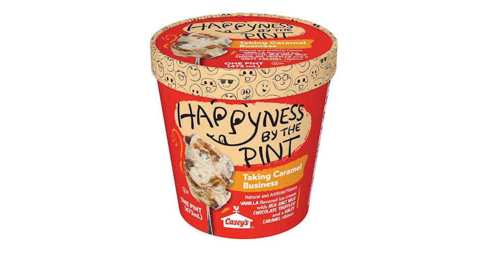 Happyness by the Pint Taking Caramel Business Ice Cream (16 oz) from Casey's General Store: Asbury Rd in Dubuque, IA