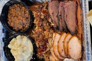 Dinner for 2: 1 lb. 1/3 lb. each of Brisket, Pork & Chicken. Sides: 1/2 lb. @ Smoked Apple Pie Baked Beans and White Cheddar Mac N Cheese. from Beef Butter BBQ - N Sherman Ave in Madison, WI