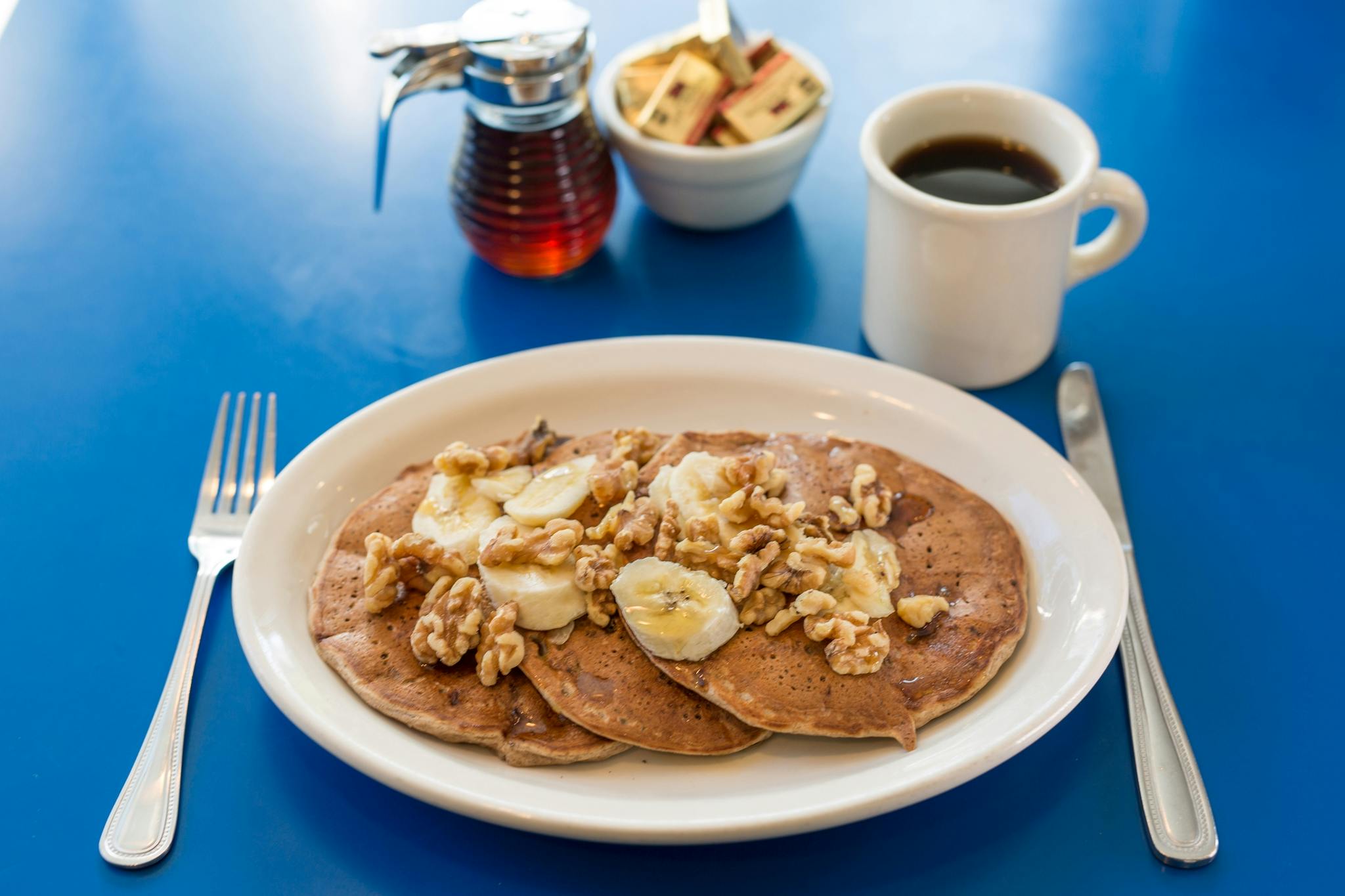 Vegan Banana Walnut Pancakes from Monty's Blue Plate Diner in Madison, WI