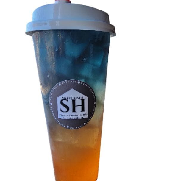 Peach butterfly pea tea from Sweet Haus in La Crosse, WI