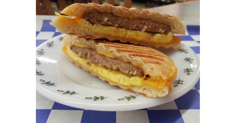 Egg, Sausage & Cheese Panini from Basics Co-op Coffee & Deli in Janesville, WI