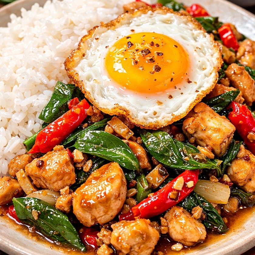 Basil stir fried/ White rices from Sweet Haus in La Crosse, WI