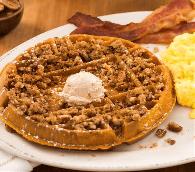 Pumpkin Waffle Combo from The Great Egg Restaurant in Denton, TX