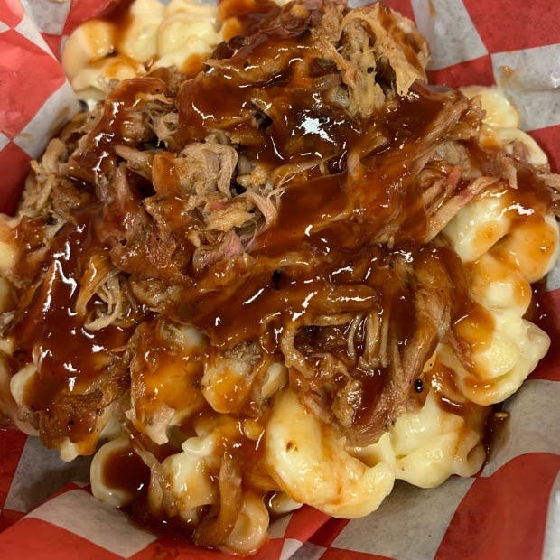 Pulled Pork On White Cheddar Mac & Cheese from Beef Butter BBQ - N Sherman Ave in Madison, WI