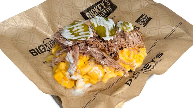 Pickle Ranch Mac Stack with Pulled Pork from Dickey's Barbecue Pit - S College Ave in Fort Collins, CO