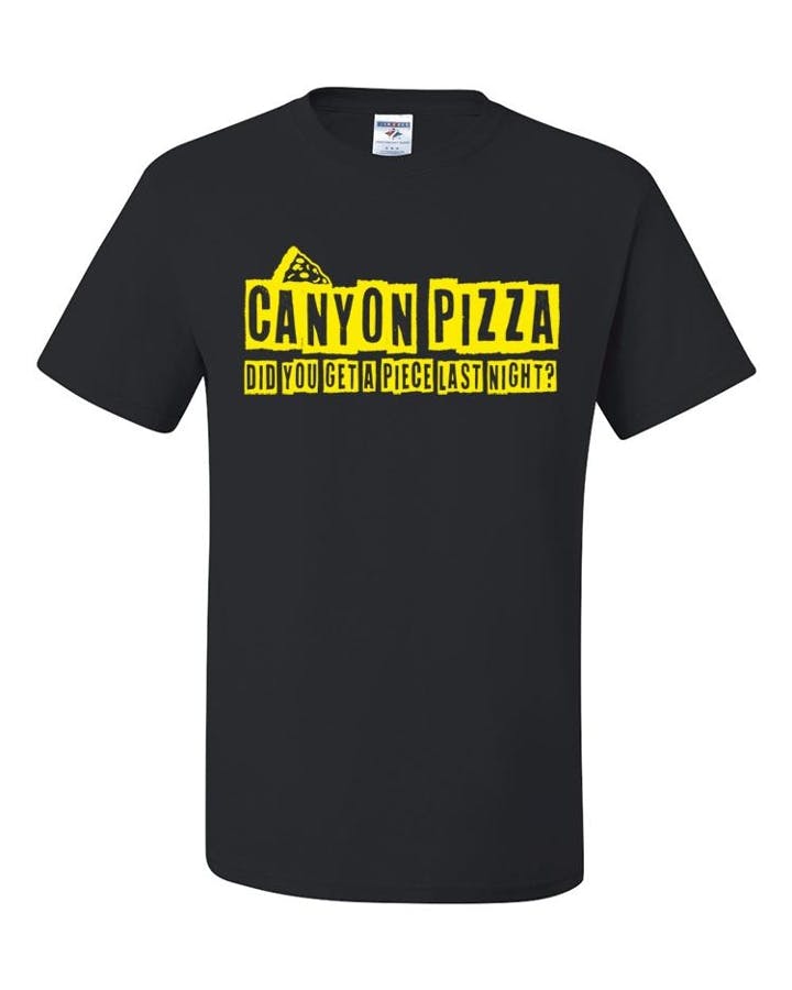 Black w/ yellow print from Canyon Pizza in State College, PA