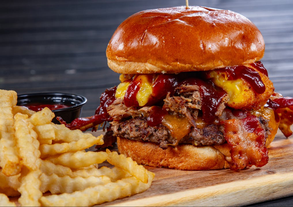 NEW - The Biggy BBQ Mac Burger from The Brass Tap - Main Street in Cedar Falls, IA